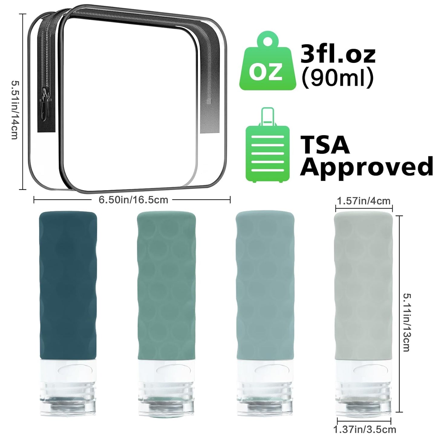 Travel Bottles for Toiletries, 4pcs Tsa Approved 3oz Travel Size Containers, BPA Free Leak Proof Premium Silicone Bottles, Refillable Liquid Squeezable Accessories W/Toiletry Bag(Mint)