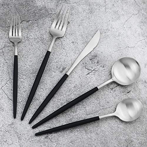 Black Handle Matte Silver Silverware Set