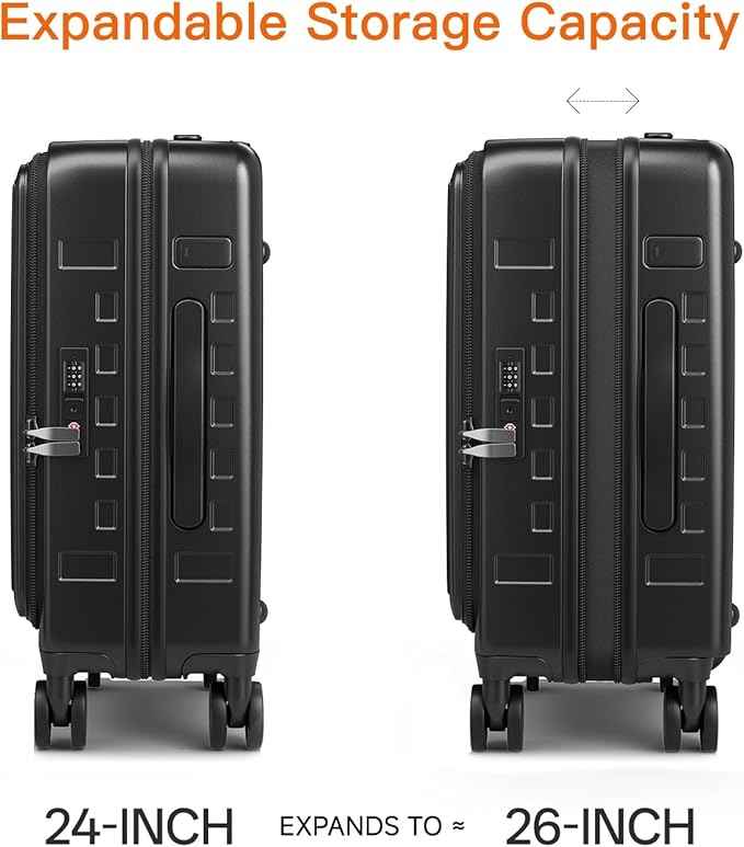 Expandable Lightweight PC Hard Shell Suitcase, 24-inch Luggage with TSA Lock, Top Opening & Cup Holder - Ideal for Business Travel Suitcase (Black, Checked-Medium 24-Inch)