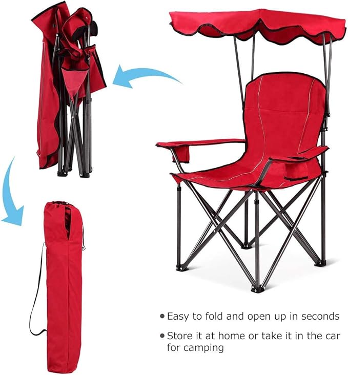 GYMAX Camping Chair, Folding Outdoor Lawn Chair with Canopy, Carry Bag & Cup Holder, Portable Heavy Duty Camp Chair for Outside Travel, Picnic, Beach Soccer Chairs (Red)