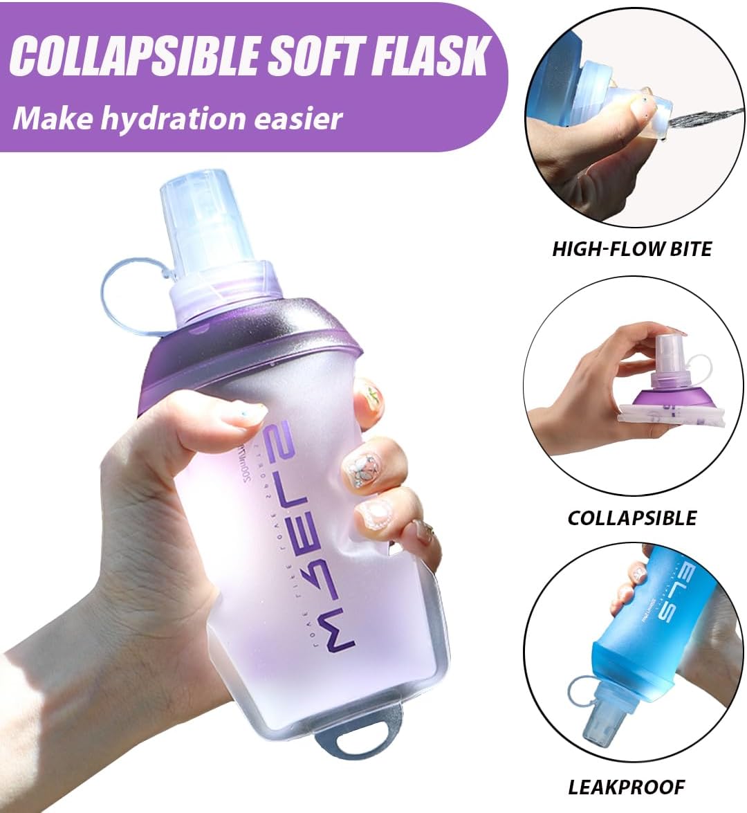 200ml/350ml/500ml Collapsible Soft Flask,BPA Free Folding Soft Water Bottle with Hanging Ring,Lightweight TPU Hydration Flask for Running Marathon Cycling Hiking