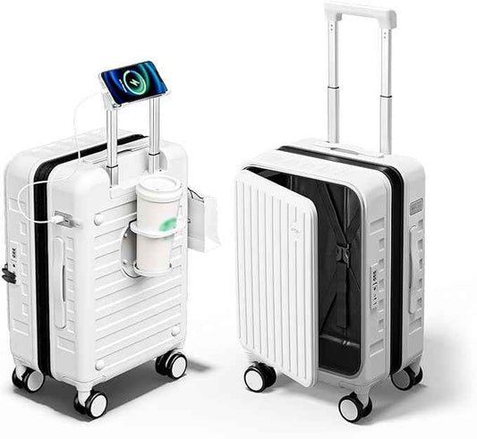 Expandable Lightweight PC Hard Shell Suitcase, 20-inch Luggage with TSA Lock, Top Opening & Cup Holder - Ideal for Business Travel Suitcase (White, Carry-on 20-Inch)
