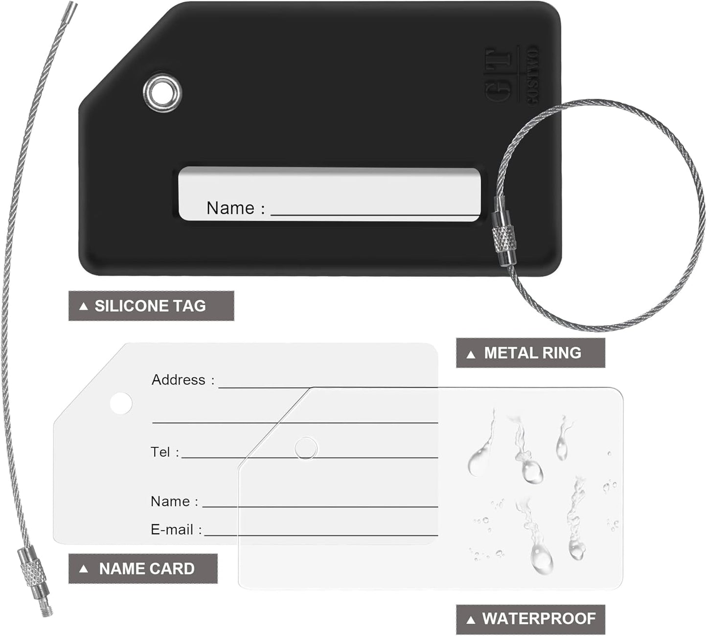 8 Pcs Luggage Tags for Suitcases, 26 Initial Letter Travel Luggage Baggage Identification Labels ID Tags Fully Bendable Tags with Stainless Steel Loop (Letter A, Black)