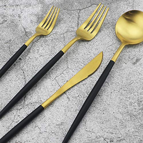 20-Piece 18/10 Stainless Steel Flatware Silverware, Luxury Dinnerware Set Travel Cutlery Tableware Include Knife Fork Spoon Service for 4, Dishwasher Safe (Black Handle Matte Gold) (4 Count)