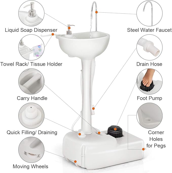 Giantex Portable Camping Sink with Soap Dispenser and Towel Holder, 19L Water Capacity with Rolling Wheels and Foot Pump for Outdoor Events, Gatherings, Camping, Portable Hand Wash Basin Stand