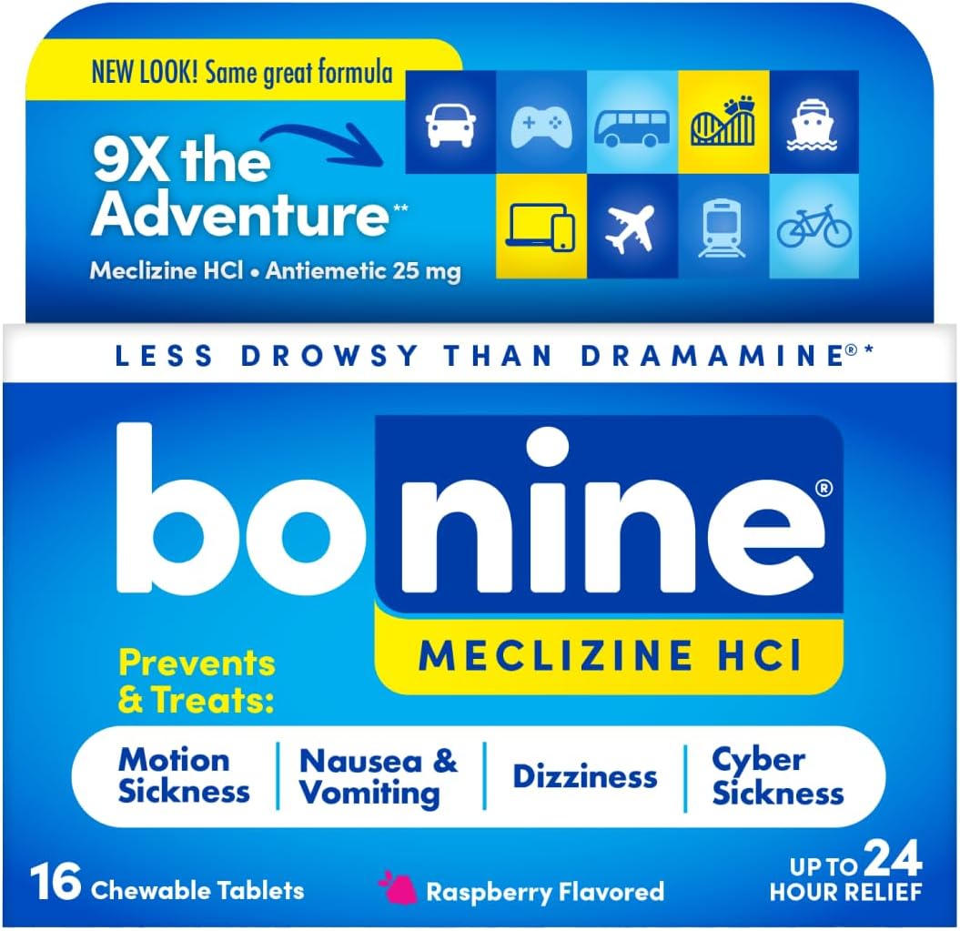 Non-Drowsy Bonine for Motion Sickness Relief, Sea Sickness, Car Sickness, Nausea, & Vomiting - Meclizine HCI 25mg, Travel-Sized - 16ct Raspberry Chewable Tablets (Packaging May Vary)