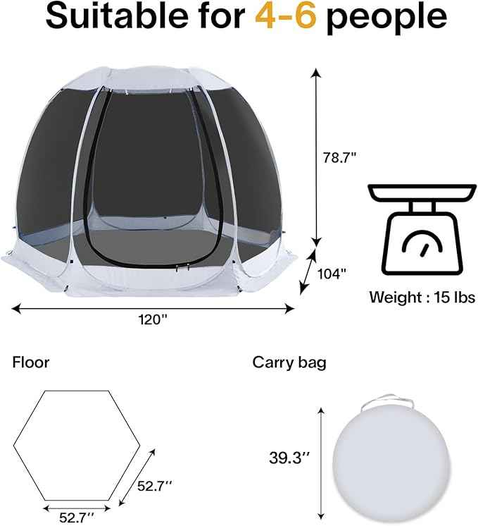 Alvantor Pop Up Screen House Gazebo with Mosquito Netting, Instant UV Resistant Sun Shelter for Patio & Backyard, Portable Canopy Tent for 2-10 Person