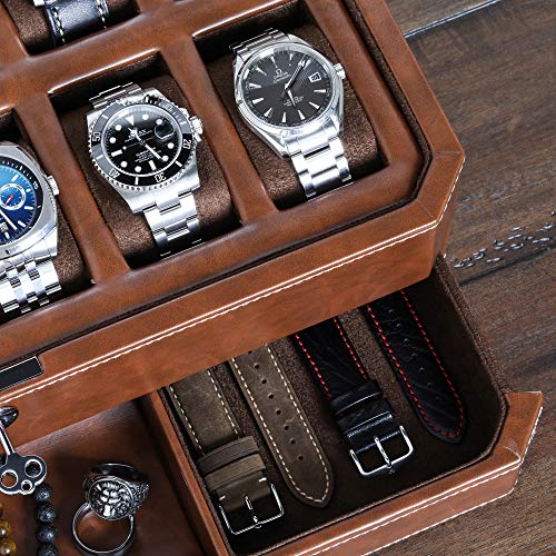 12 Slot Leather Watch Box with Valet Drawer