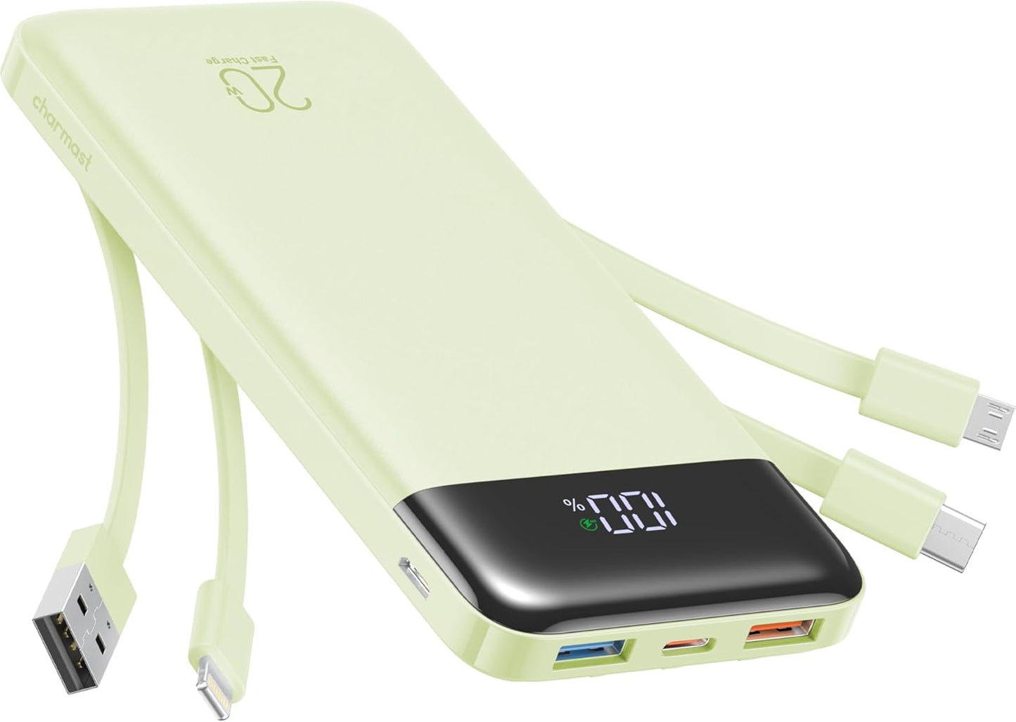 charmast 20000mAh Portable Charger with Built in Cables, 22.5W Travel Power Bank Fast Charging, USB C Cell Phone Battery Pack for iPhone 16/15/14/13/12/11 Series, iPad, Samsung, Android, Tablet - Roamly