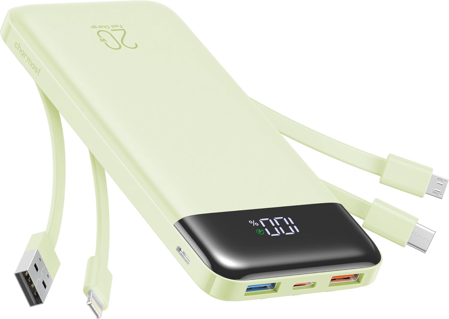 charmast 20000mAh Portable Charger with Built in Cables, 22.5W Travel Power Bank Fast Charging, USB C Cell Phone Battery Pack for iPhone 16/15/14/13/12/11 Series, iPad, Samsung, Android, Tablet - Roamly