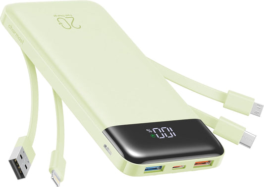 charmast 20000mAh Portable Charger with Built in Cables, 22.5W Travel Power Bank Fast Charging, USB C Cell Phone Battery Pack for iPhone 16/15/14/13/12/11 Series, iPad, Samsung, Android, Tablet - Roamly