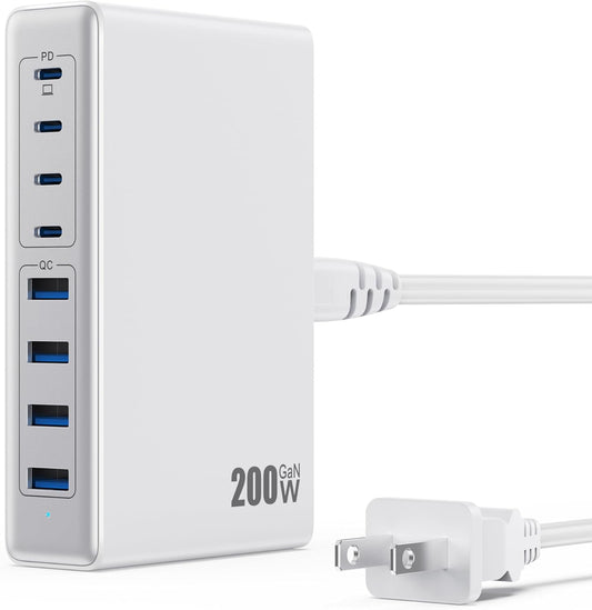 200W USB C Charger Block,GaN IV Charging Station 8 Ports,QC4.0 Fast Charging Station Hub+PD 65W USB C Laptop Charger Adapter Compatible with MacBook Air/Pro,DELL,iPhone 16/15,iPad,Steam Deck-White - Roamly