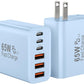 USB C Charger Block, 65W USBC Wall Charging Blocks 6-Port PD & QC Power Adapter Multiport Type C Fast Chargers Plug Cube Brick for iPhone 16/15/14/13/12/Pro Max,iPad Pro,Samsung Galaxy S25 Black