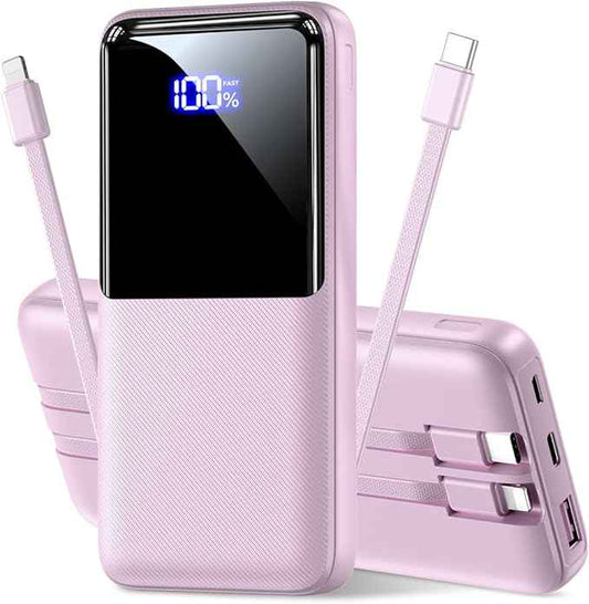 Portable Charger Power Bank - 15,000mAh Battery Pack Portable Phone Charger with Built in Cable 22.5W Fast Charging Powerbank Compatible with iPhone Android Samsung Phone, Lavender