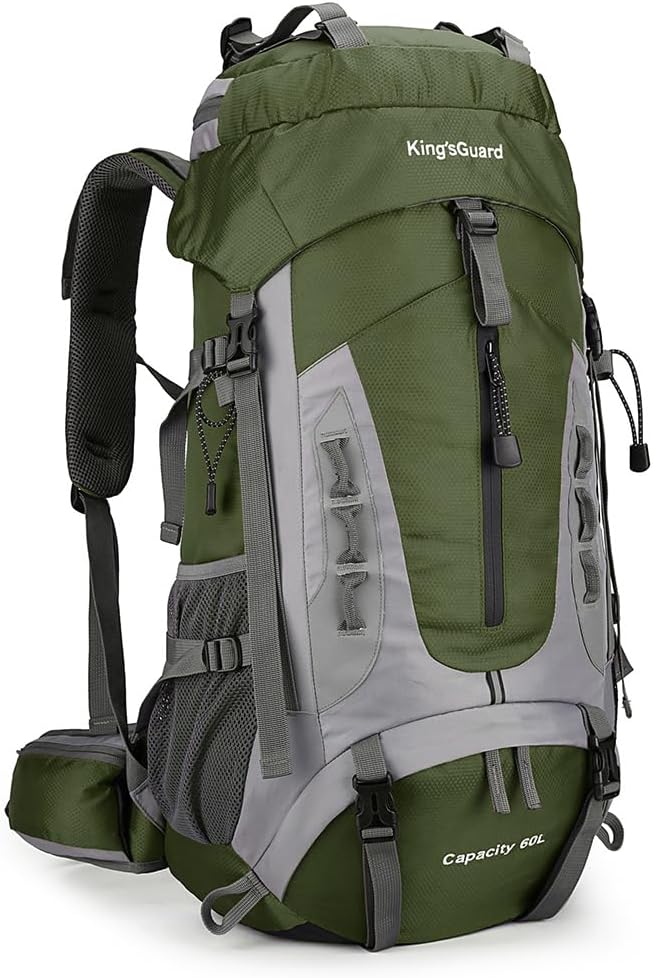King'sGuard 60L Hiking Backpack Large Waterproof Camping Backpack for Men and Women Lightweight Frameless Backpacking Backpack with Rain Cover (Army Green) - Roamly
