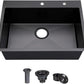 COMLLEN 33"x22"x9" Black Drop In Kitchen Sink, Top Mount SUS304 Stainless Steel Gunmetal Black 18 Gauge Large Commercial Modern Handmade Kitchen Sinks with Drain