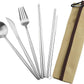 Gugrida Reusable Travel Utensils, 7 Pieces Portable 18/10 Stainless Steel include Knife Fork Spoon Chopsticks Cleaning Brush Straws Portable Pouch, Eco-friendly Camping Silverware Set, Dishwasher Safe