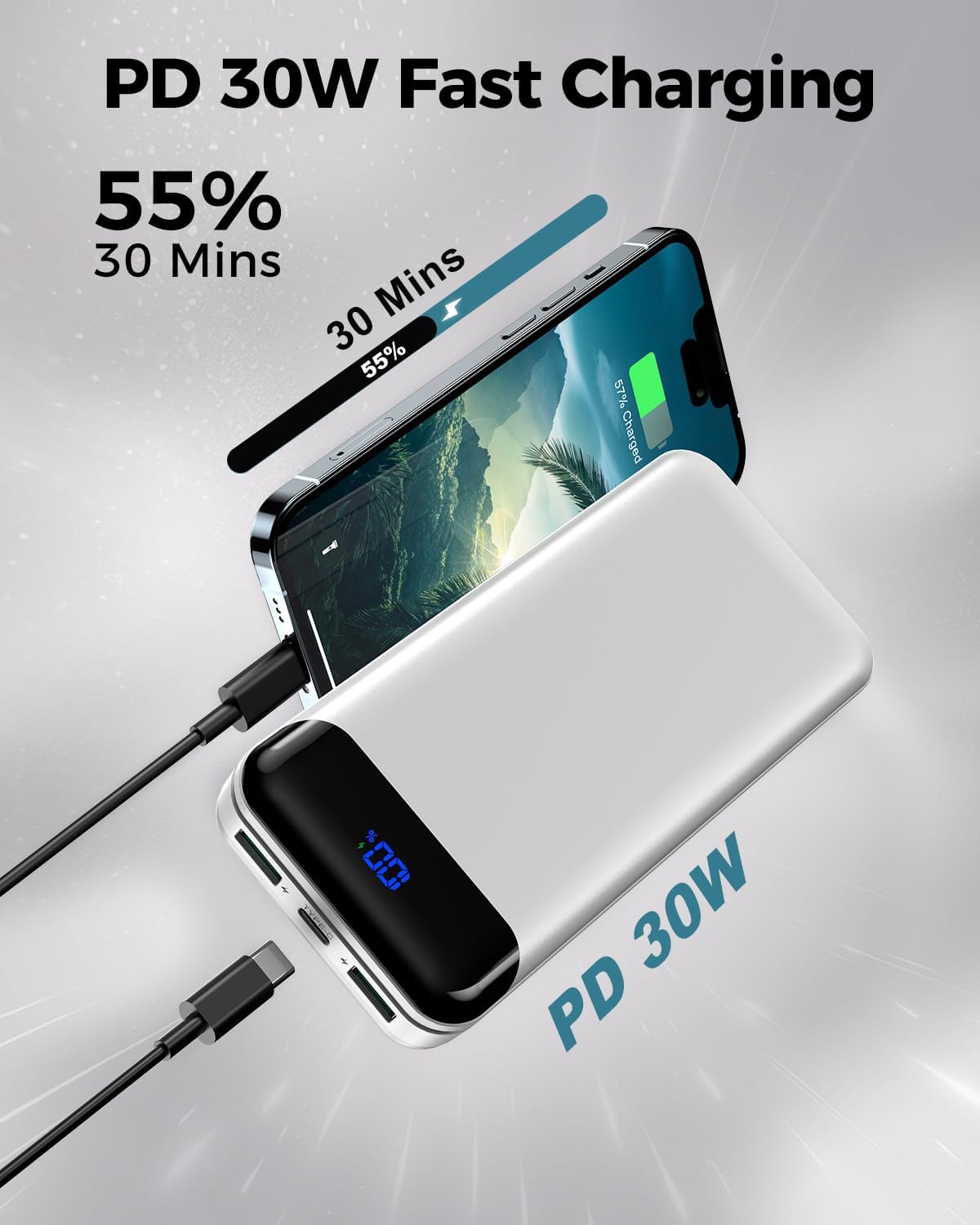 Portable Charger Power Bank 40000mAh Powerbank PD 30W and QC 4.0 Fast Charging External Battery Pack with USB-C LED 3 Outputs & 2 Inputs Portable Charging for iPhone 15 14 13 (White) - Roamly