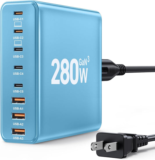 280W USB C Charger Block, 8-Port USB C Charging Station GaN III PD 65W Laptop Charger Adapter Compatible with MacBookPro/Air,DELL,iPad,Portable Charging Station for iPhone,Samsung Galaxy(Blue)
