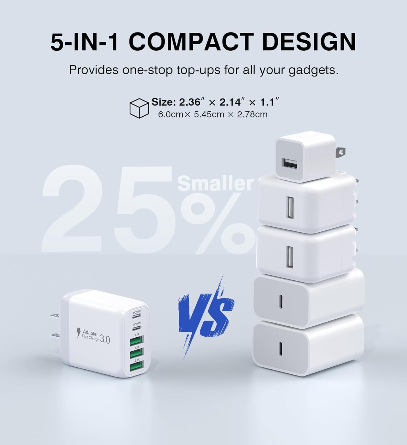 USB C Wall Charger Block, 2Pack 50W 5-Port C Charger Fast Charging Block PD Power Adapter +QC 3.0 Multiport Type C Box Brick Cube USB A Wall Plug for iPhone 16/15/14 Pro Max Plus, iPad,Samsung Galaxy - Roamly