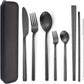 AARAINBOW 6 Pieces Stainless Steel Flatware Set Portable Reusable Cutlery Set Travel Utensils Set Including Chopsticks Knife Fork Spoon Straws Cleaning Brush Dishwasher Safe (B-Black)