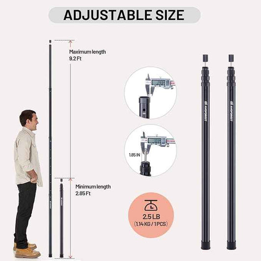 Tarp Poles Heavy Duty Adjustable,AVOFOREST Aviation Aluminum 9.2FT Tent Poles Lengthen and Thicken with Protection Cap Awning Poles Set of 2 for Hiking