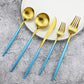 20-Piece 18/10 Stainless Steel Flatware Silverware, Luxury Dinnerware Set Travel Cutlery Tableware Include Knife Fork Spoon Service for 4, Dishwasher Safe (Blue Handle Matte Gold) (4 Count)