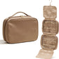 EACHY Hanging Toiletry Bag, Satin 4 Compartments Travel Toiletry Bags for Women, Large Capacity Make Up Organizer Bag with Handle & Compartments (Brown, L)