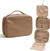 EACHY Hanging Toiletry Bag, Satin 4 Compartments Travel Toiletry Bags for Women, Large Capacity Make Up Organizer Bag with Handle & Compartments (Brown, L)