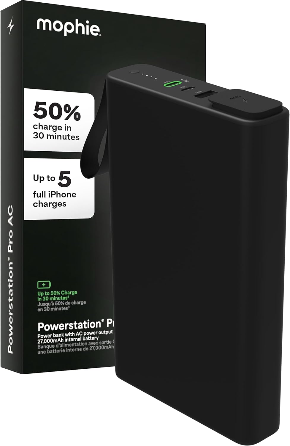 mophie powerstation pro AC (2023)-27,000 mAh External Battery compatbile With MacBook&iPad Portable PD battery with 100W of AC&60W USB-C Fast Charge integrated carry strap-USB-C cable included, Black - Roamly