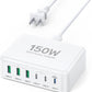 USB C Fast Charger, 150W 6 Port Desktop PD GaN Fast Charger Charging Station Block 65W USB C Laptop Power Adapter for MacBook Pro/Air iPad iPhone 16 15 14 13 Pro Max Galaxy S24 Note 20 Pixel