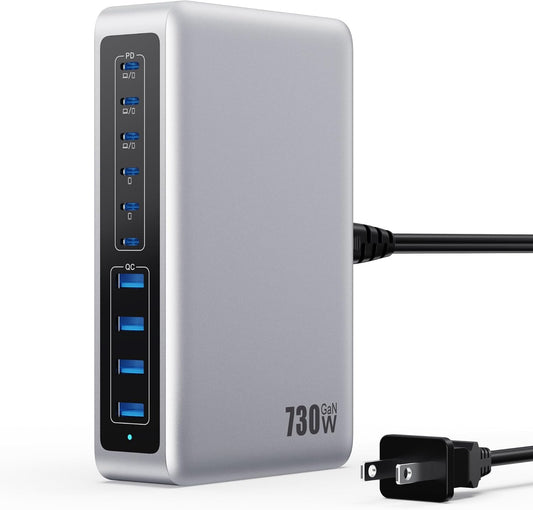 730W USB C Charger Block,GaN IV Fast Charging Station Hub 10 Ports,QC4.0+3 PD 100W USB C Laptop Charger Ports Power Adapter Compatible with MacBook Air/Pro,DELL,iPhone 16/15/14/13,iPad,Steam Deck - Roamly