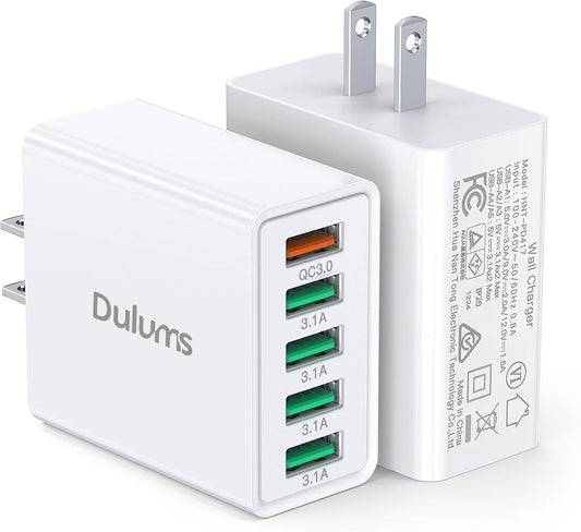 50W USB Wall Charger Block,2Pack 5-Port Charger Fast Charging Block QC 3.0 Multiport Box Brick Cube USB A Wall Plug for iPhone 16/15/14 Pro Max Plus, iPad,Galaxy, LG, Moto, Android Phones,AirPorts - Roamly