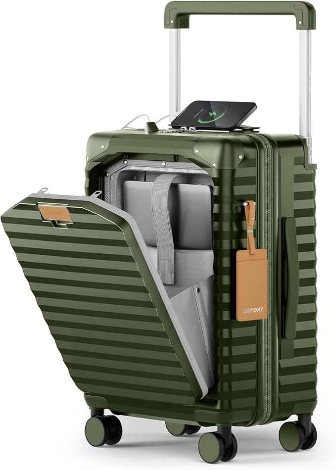 Joyway 20 Inch Carry on Luggage with Front Pocket, PC Hardshell Carry-on Suitcase with USB Port and Cup Holder, 21.5x14.2x9 Airline Approved, Luggage with Spinner Wheels and TSA Lock(Dark Green)
