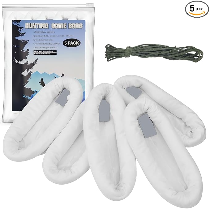 Game Bags Elk Hunting Meat Bags 5 Pack, 4 Pack 48" & 1 Pack 28" Stretchable and Reusable Rolled Heavy Duty Quarter Bags with Reflective Labels for Elk, Caribou, Deer, Moose, Antelope, Duck