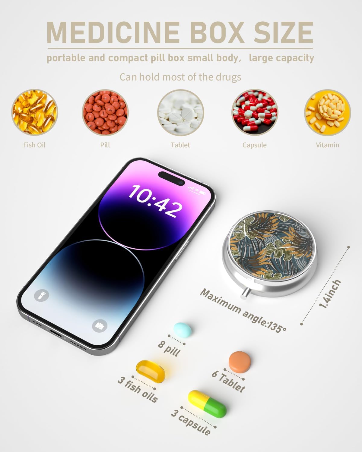 Pill Box, 3 Compartment Portable Travel Medicine Box with Mirror, Compact and Cute, Fits in Purse and Pocket, Medicine and Vitamin Organizer (Green Leaves)