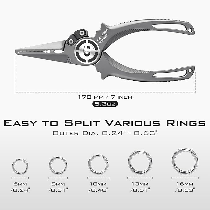 GOMEXUS Titanium Fishing Pliers 7'' with Side Cutters, Lanyard & Leather Sheath, Never Rust Hook Remover, Saltwater Resistant, Inshore & Nearshore Fishing (Split Ring Nose, 7 INCHES)