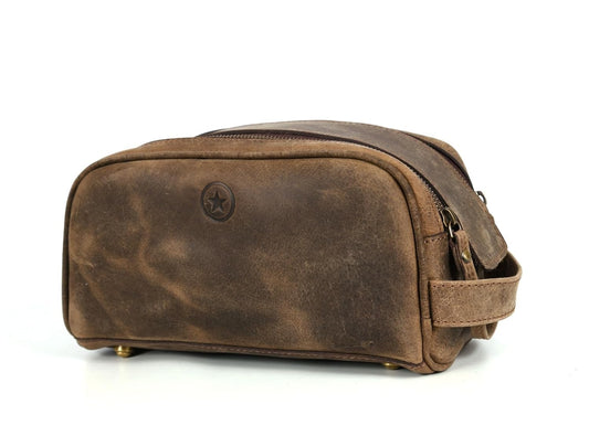 10" Premium Leather Toiletry Travel Pouch With Waterproof Lining | King-Size Handcrafted Vintage Dopp - Kit ~ Gift for Father's Day By Aaron Leather Goods (Brown) - Roamly