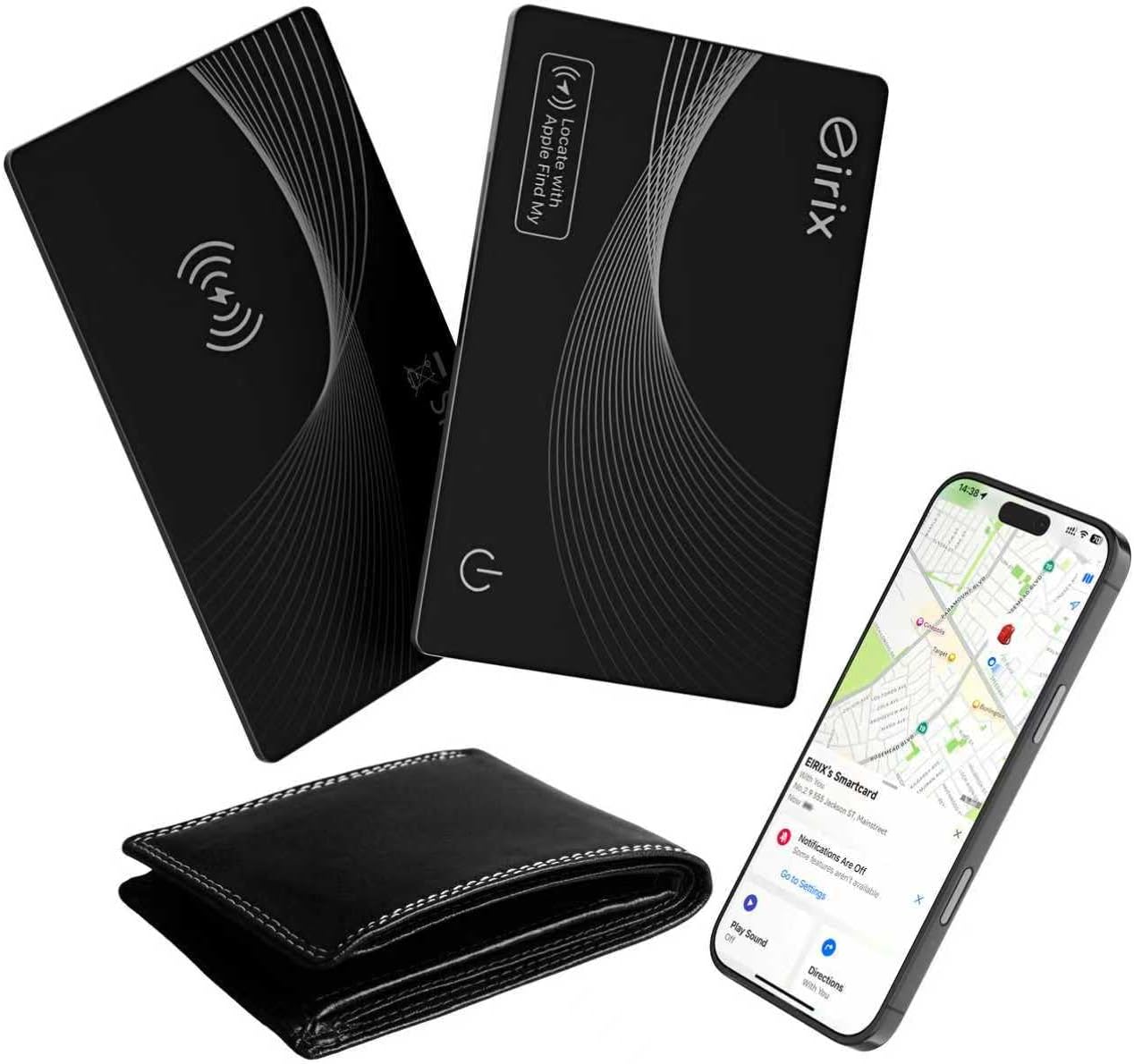 2025[Apple MFi Certified] eirix Air Tags Wallet Tracker Card Work with Apple Find My (iOS Only), Rechargeable Airtag GPS Tracker Item Locator Thin Finder for Wallet, Keys, Luggage, Bags (Black 2Pack)