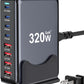 320W USB C Charger Block, 8-Port Fast USB Charging Station Hub PD 100W GaN Ⅲ Pro Charging Station for Multiple Devices, Laptop Charger Adapter Compatible with MacBook, DELL, iPad, iPhone, Samsung etc