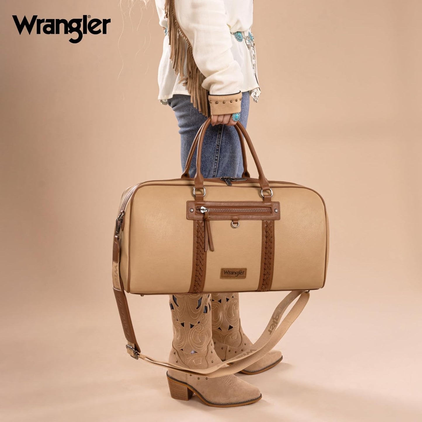 Wrangler Travel Duffel Bag Large Weekender Bag for Women Designer Carry on Overnight Bag for Trips Leather Luggage Bag Tan - Roamly
