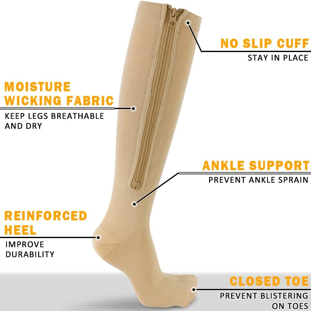CASMON 2 Pairs Zipper Compression Socks for Women & Men,15-20 mmHg Closed Toe Knee High Support Sock for Varicose Vein Edema