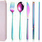 AARAINBOW 6 Pieces 18/8 Stainless Steel Flatware Set Portable Reusable Cutlery Set Travel Utensils Set Including Chopsticks Knife Fork Spoon Straws Cleaning Brush Dishwasher Safe (Multicolored)