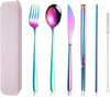 AARAINBOW 6 Pieces 18/8 Stainless Steel Flatware Set Portable Reusable Cutlery Set Travel Utensils Set Including Chopsticks Knife Fork Spoon Straws Cleaning Brush Dishwasher Safe (Multicolored)
