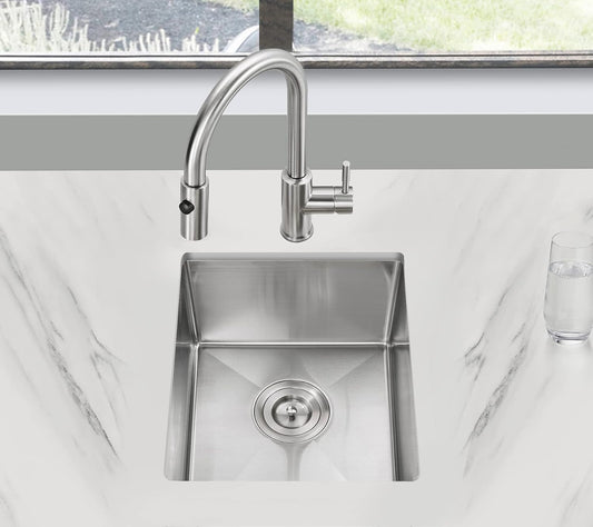 POPFLY 15x17 Inch Undermount Bar Prep Sink, 15” Undermount Rectangle Kitchen Sink, 304 Stainless Steel Single Bowl Small Kitchen Rv Sinks, Brushed