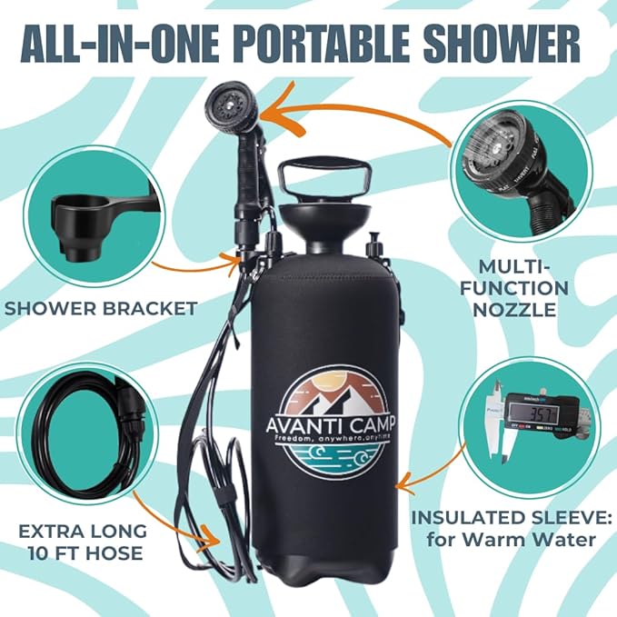 Pressurized Camping Shower (8L/2.1 Gal) – Portable Beach Shower for Surfing, Camping & Van Life – Outdoor Rinse Kit with Hand Pump & 10 Spray Modes – Portable Water Sprayer Pets & Gear | AVANTI CAMP