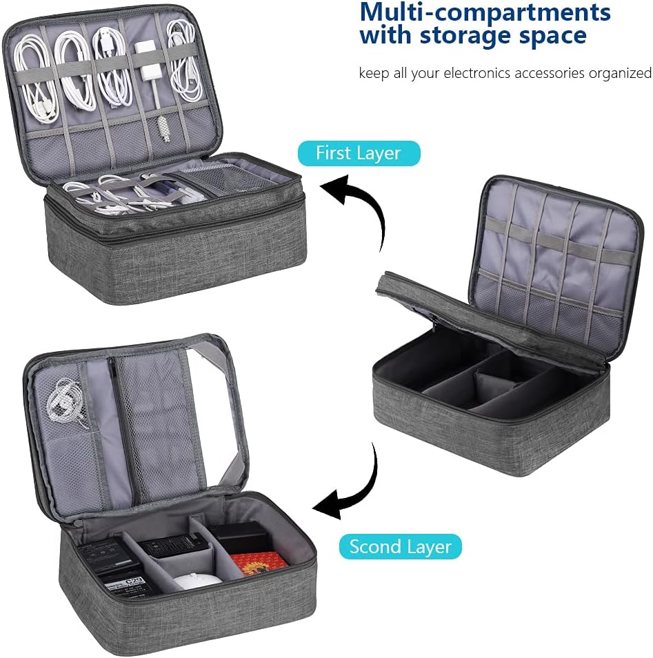 ORIENT FAMULAY Travel Organizer, Waterproof Cable Bag for Electronic Accessories Double Layer Large Shockproof Storage Bag for Cord, Hard Disk, Power Bank, Tablet -Gray