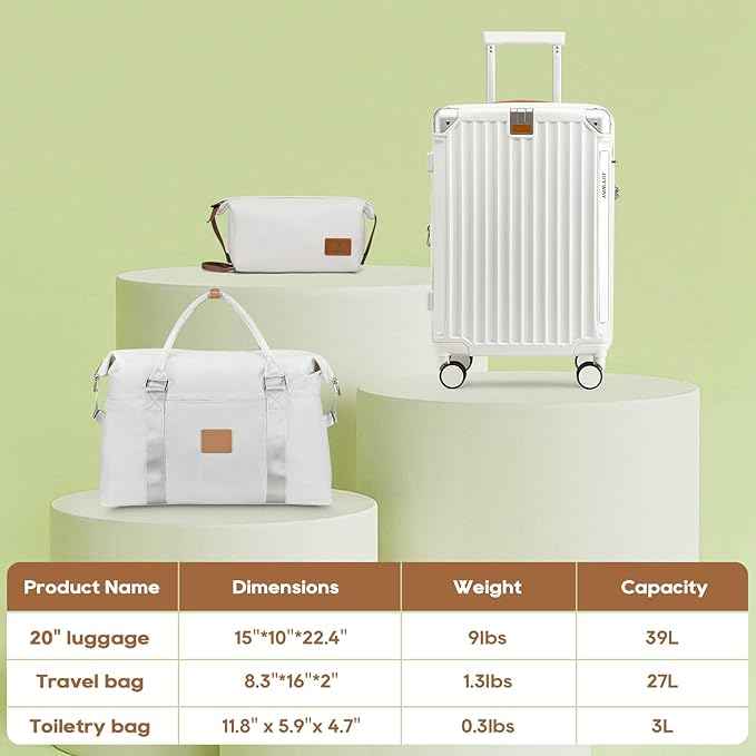 Joyway 20in Carry On Luggage with Cup Holder and USB Port, 25% Expandable Capacity, Smart Suitcase with Anti Slip Wheels and Handbag, Perfect for Men and Women 3 Piece Set White