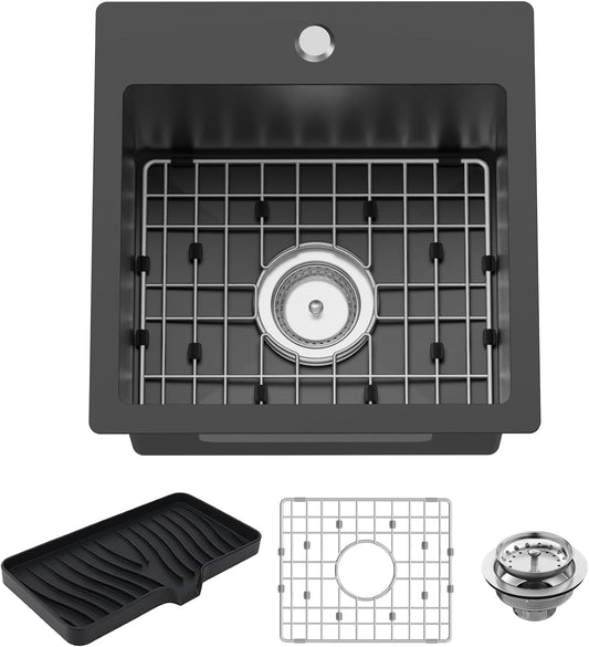 Small Black Kitchen Sink,15x15 Inch Stainless Steel Drop In Topmount Kitchen And Bar Sink Ideal Choice For For Small Space, Prep Area, RV With Bottom Grid,Soap Mat And Drain Assembly