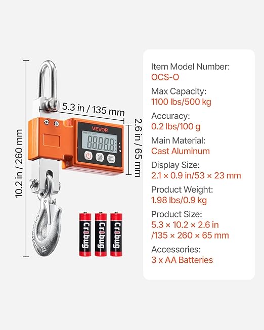 VEVOR Digital Crane Scale, 1100 lbs/500 kg Max Capacity, Heavy Duty Industrial Hanging Scale with Cast Aluminum Case & LCD Display, 0.2 lbs Division & 3 Unit Switch, Auto-Off Setting for Garage